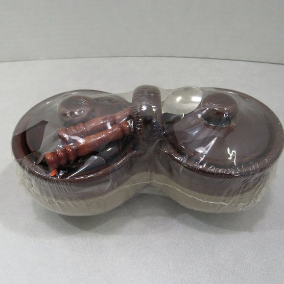 NIP Vtg Stoneware Double Crock Lids Spoons Jelly - Picture 5 of 11